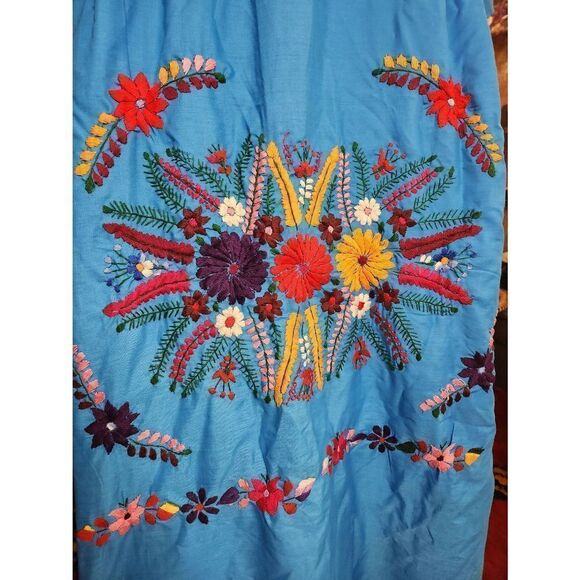 Blue 70s Embroidered Floral Kaftan Hpuse Dress Maxi Colourful - Picture 7 of 7